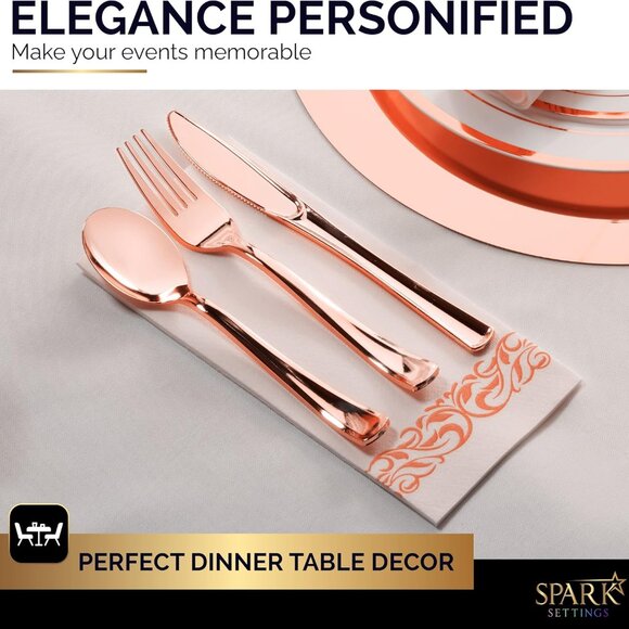 Heavy Duty Plastic Silverware Set - 300 Disposable Rose Gold Utensils 100 Forks, - Picture 6 of 7